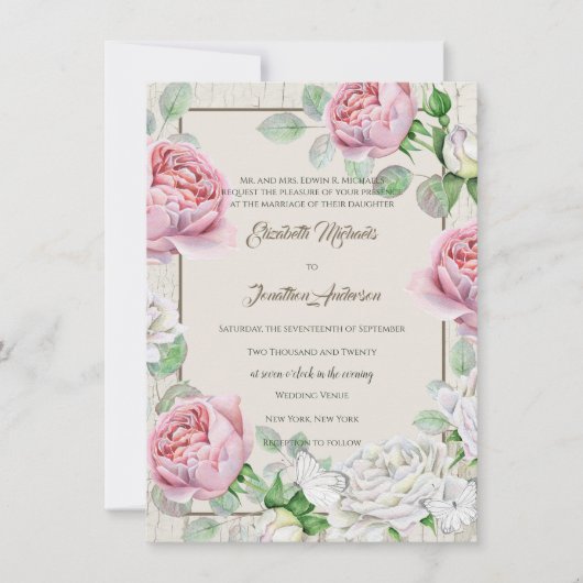 白素朴木とヴィンテージピンクローズ結婚ズ 招待状 (正面)
