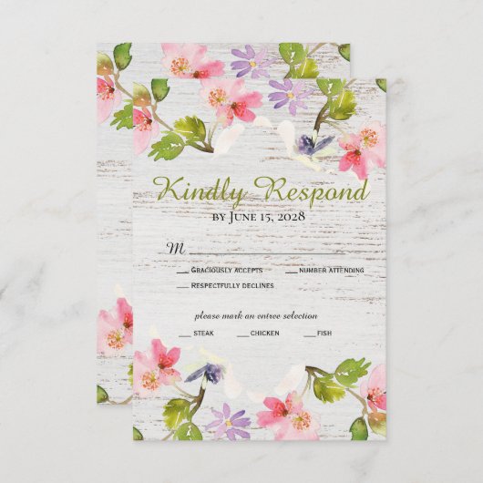 白素朴木のピンクの花模様 出欠カード (正面/裏面)