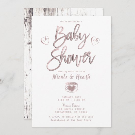 白素朴木バラ金ゴールドピンクベビーシャワー 招待状 (正面/裏面)