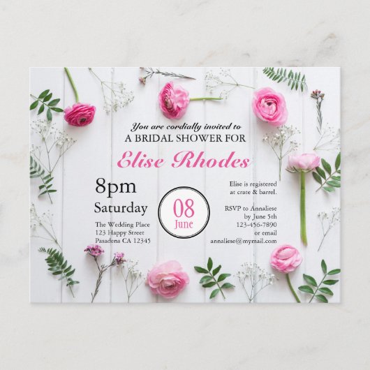 白素朴木ブライダルシャワー上のバラ枠 インビテーションポストカード (正面)