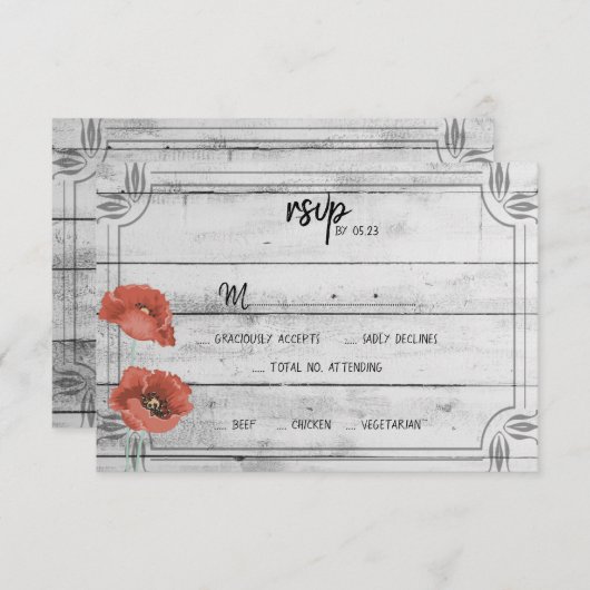 白素朴木ポピー花ウェディングRSVPカード 出欠カード (正面/裏面)
