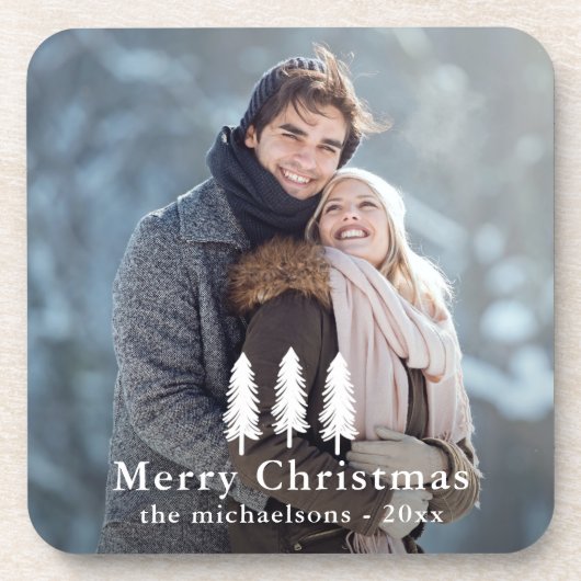 白素朴松の木クリスマスホリデー写真 コースター (正面)