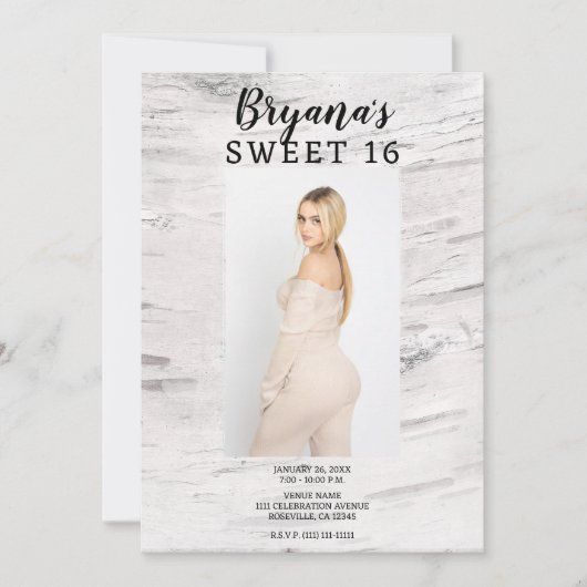 白素朴樺の木トレンディーモダンPhoto Sweet 16 招待状 (正面)
