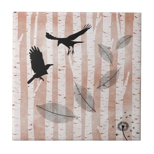 白素朴樺の木林五徳のカラス タイル (正面)