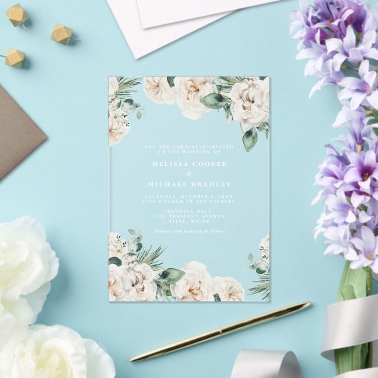 白素朴水色フローラ結婚の アクリル招待状 (インサイチュ (ウェディング))