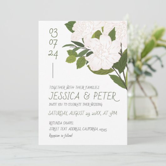 白素朴緑の水色のフローラ結婚の 招待状 (スタンド正面)