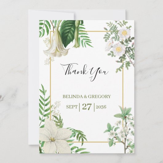 白素朴緑水色フローラ金ゴールド結婚の サンキューカード (正面)
