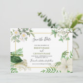 白素朴緑水色フローラ金ゴールド結婚の セーブザデート (スタンド正面)