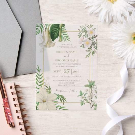 白素朴緑水色フローラ金ゴールド結婚の ベラム紙招待状 (ウェディング)