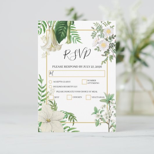 白素朴緑水色フローラ金ゴールド結婚の 出欠カード (スタンド正面)