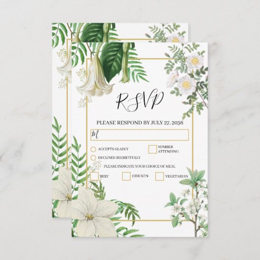 白素朴緑水色フローラ金ゴールド結婚の 出欠カード (正面/裏面)