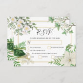 白素朴緑水色フローラ金ゴールド結婚の 出欠カード (正面/裏面)
