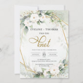 白素朴花の緑の金ゴールド結び目 招待状 (正面)