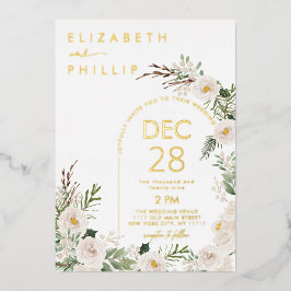 白素朴花金ゴールド冬の緑結婚色 箔招待状