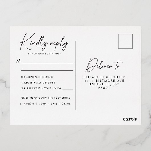 白素朴花金ゴールド緑RSVP 箔招待状ポストカード (裏面)