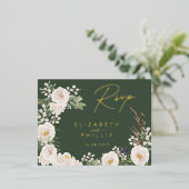 白素朴花金ゴールド緑RSVP 箔招待状ポストカード (立ち正面)