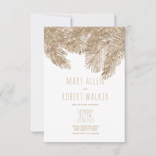 白素朴金ゴールドグリッター熱帯テーマ結婚ズ 招待状 (正面)