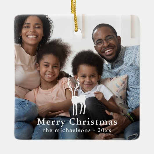 白素朴鹿クリスマスホリデー写真 セラミックオーナメント (正面)