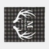 白素朴鹿〔雄ジカの〕枝角チェックプレイドファミリ名 フリースブランケット (正面(横))