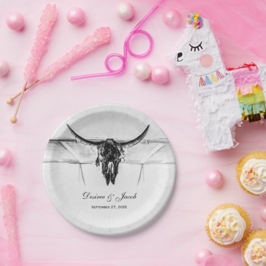 白素朴黒西部牛スカル結婚ズ ペーパープレート (パーティー)