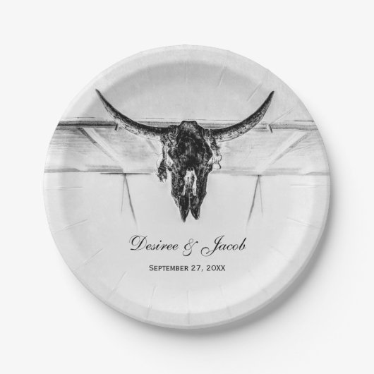 白素朴黒西部牛スカル結婚ズ ペーパープレート (正面)