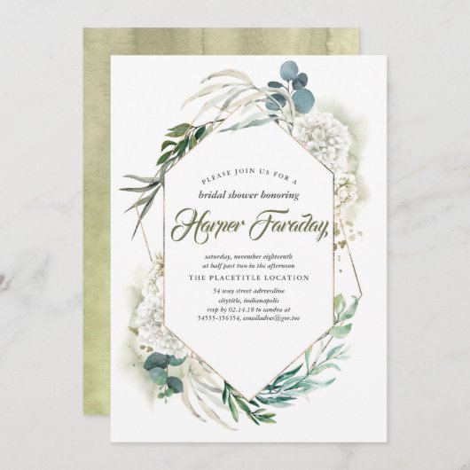 白紫陽花と緑のモダンブライダルシャワー 招待状 (正面/裏面)