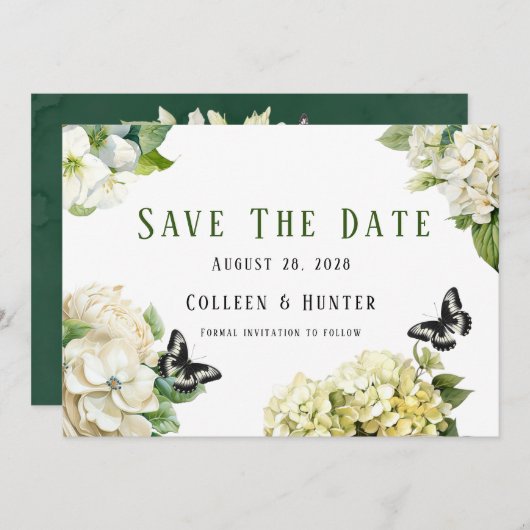 白紫陽花バタフライ日付カードを保存 招待状 (正面/裏面)