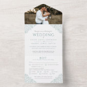 白結婚くミュートされた緑葉の写真カスタム。 オールインワン招待状 (内側)