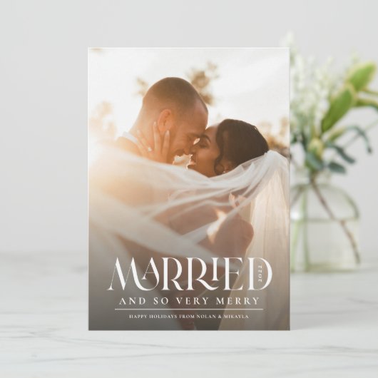 白結婚したエレガントタイポグラフィ写真クリスマス シーズンカード (スタンド正面)