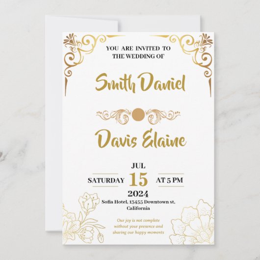 白結婚と金ゴールドの豪華なヴィンテージ 招待状 (正面)