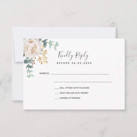 白結婚フローラeucalyptus greenery金ゴールドRSVP 出欠カード (正面)