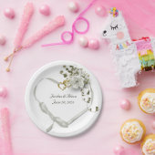 白結婚リボンハートとバラ ペーパープレート (パーティー)