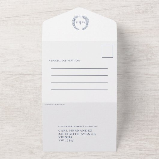 白結婚色の紺色の楕円モノグラ葉ム オールインワン招待状 (外側)