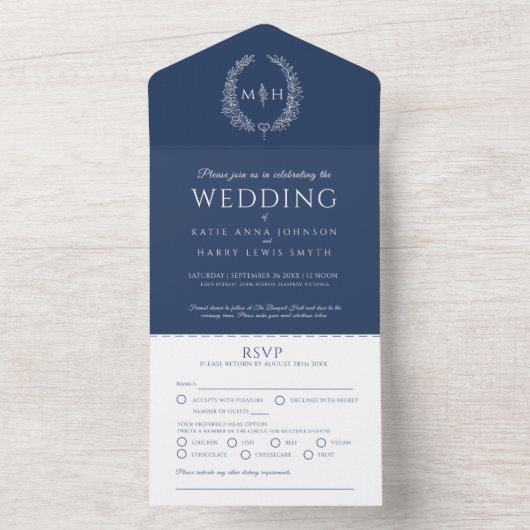 白結婚色の紺色の楕円モノグラ葉ム オールインワン招待状 (内側)