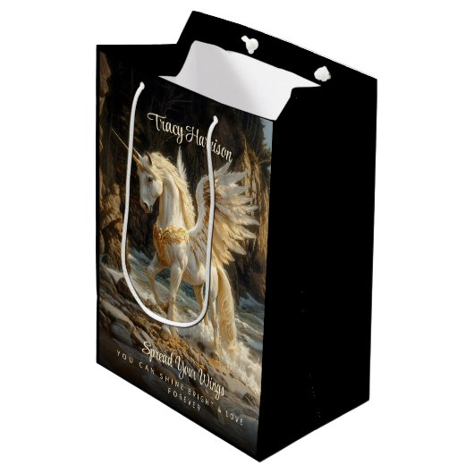 白翼ユニコーン神話的海ファンタジー馬 ミディアムペーパーバッグ (正面アングル)