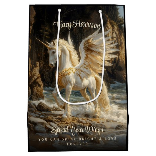 白翼ユニコーン神話的海ファンタジー馬 ミディアムペーパーバッグ (裏面)