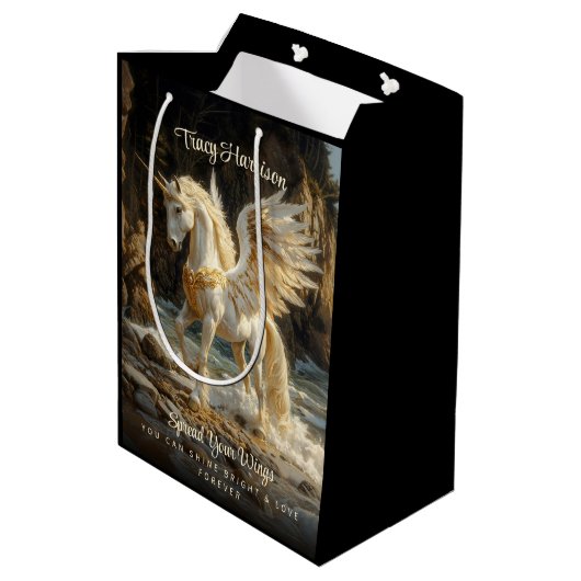 白翼ユニコーン神話的海ファンタジー馬 ミディアムペーパーバッグ (裏面アングル)