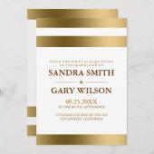 白背景にシンプルなゴールドのストライプ ウェディング 招待状 (正面/裏面)