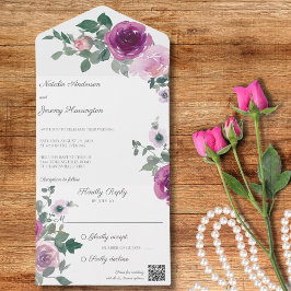 白背景にピンクとフクシアのバラのQRコード オールインワン招待状