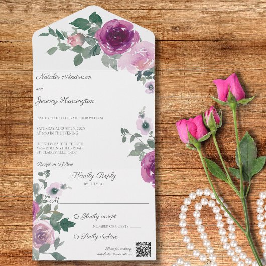 白背景にピンクとフクシアのバラのQRコード オールインワン招待状