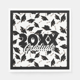 白背景に飛び散る黒い卒業帽 スタンダードランチョンナプキン