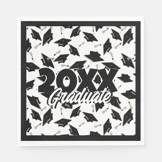 白背景に飛び散る黒い卒業帽 スタンダードランチョンナプキン (正面)