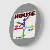 白背景に黒字でHOUSE UP, RIGHT, DOWN, LEFT ラージ壁時計 (傾斜)