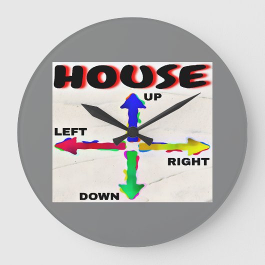 白背景に黒字でHOUSE UP, RIGHT, DOWN, LEFT ラージ壁時計 (正面)