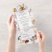 白背景にQRコード付きのニュートラルカラーの野の花 オールインワン招待状 (貼ってはがせる)