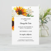 白背景のひまわり花飾り  日程変更のご案内 招待状 (スタンド正面)