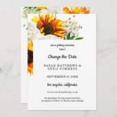 白背景のひまわり花飾り  日程変更のご案内 招待状 (正面/裏面)