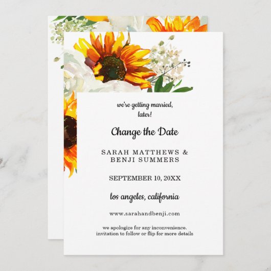 白背景のひまわり花飾り 日程変更のご案内 招待状 (正面/裏面)