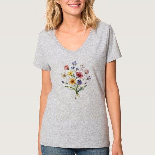 白背景のエレガントな植物水彩花束 Tシャツ (正面)