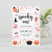 白背景のピンクとオレンジのハロウィン1歳の誕生日メッセージ 招待状 (スタンド正面)